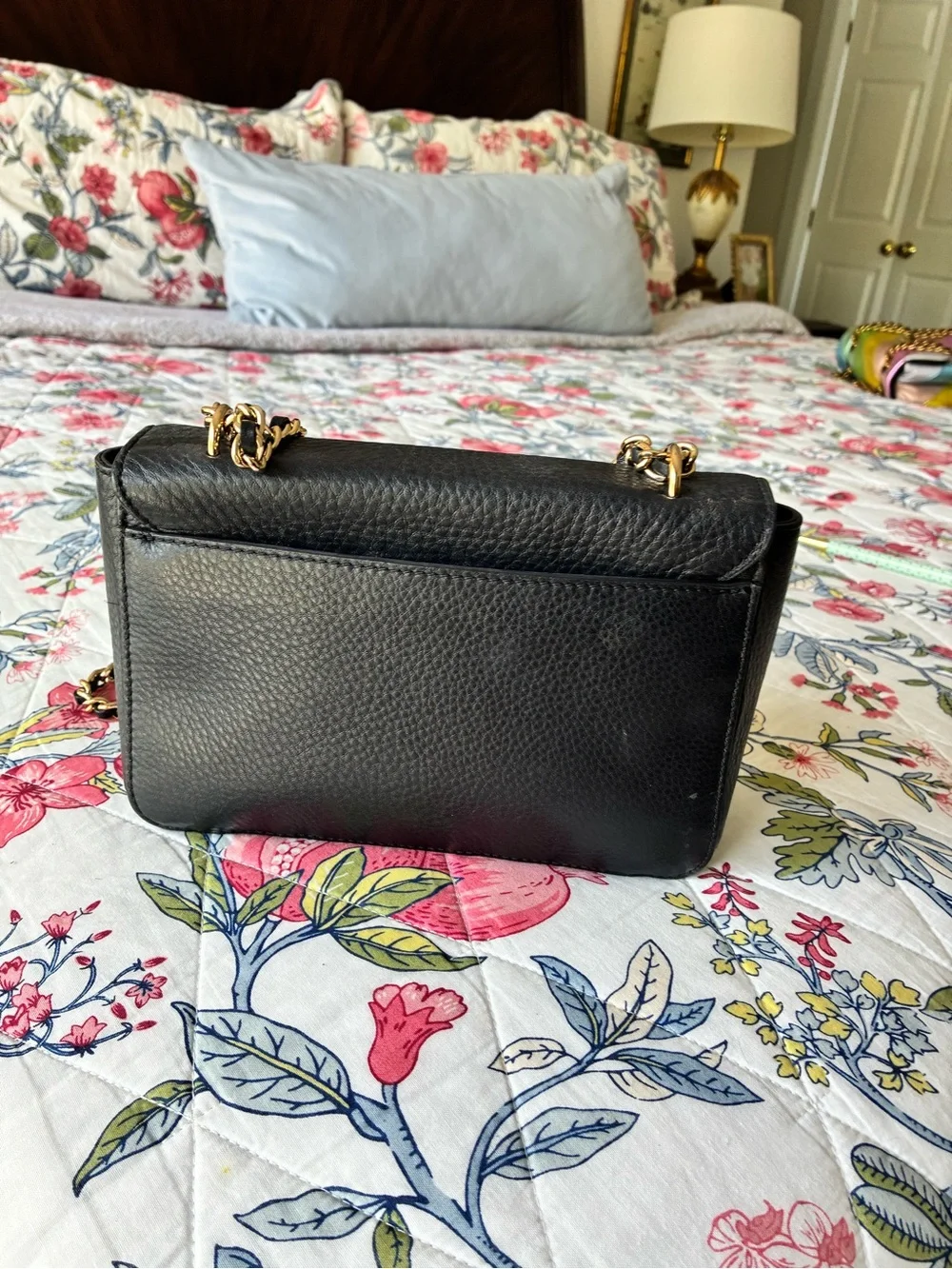 Tory Burch Black Pebbled Leather Crossbody with Gold-Tone Chain
